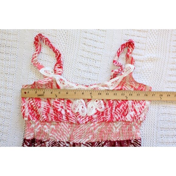 Snap Strappy Abstract Gypsy Dress Palm leaf print Size L Red & White Beachy Boho - Picture 2 of 11